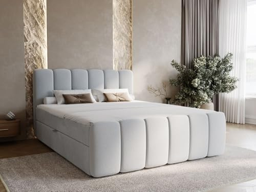 GRAINGOLD Cloud Lit 140x200, Boxspring avec Coffre de Rangement, Rembourré avec Matelas à Ressorts Bonell, Lit Double, Tissu en Velours, avec Surmatelas, avec Tête de Lit (Gris Clair, 140x200)