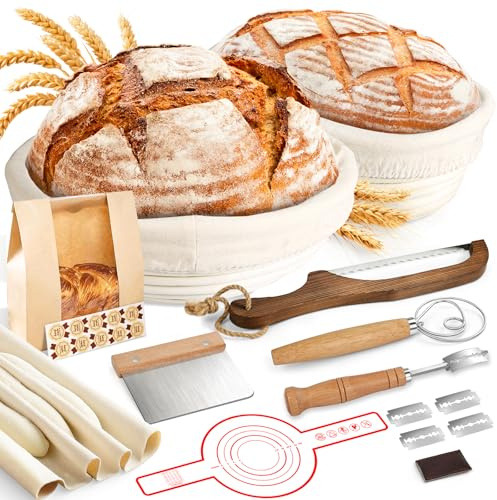 NZQXJXZ Cesta de Fermentación para Pan 23 cm, 15 Piezas Kit Completo de Panadero, Banetones de Caña Natural, Cesta para Pan de Masa Madre para Principiantes y Experimentados