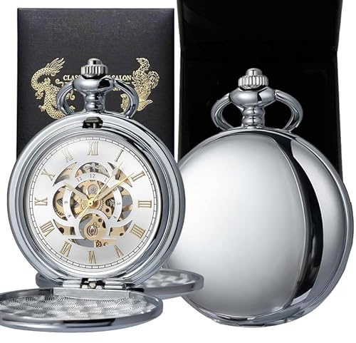 DerMacht Silver Mechanical Pocket Watch with Chain Retro Smooth Classic Handwind Roman Numerals for Men & Women