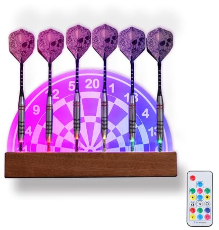 CoolGift Mart Light Up Dart Stand Wall Mount, Acrylic Wooden LED Dart Holder with Multiple Color Modes with Remote Control Holds 6 Darts, Xmas Birthday Gifts for Darts Enthusiasts
