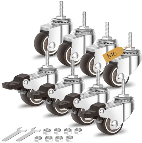 HOLKIE Ruedas para muebles de 25mm Juego de 4 ruedas giratorias con vástago M6-1 x 20mm (diámetro del vástago 6mm longitud del vástago 20mm) capacidad total 80kg (4 con frenos y 4 sin ellos)