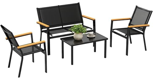 Outsunny Salon de Jardin extérieur 4 pièces, Accoudoirs Larges, Noir | Canapé 2 Places, 2 Chaises, Table Basse En Verre Trempé, Mobilier De Jardin Terrasse Véranda