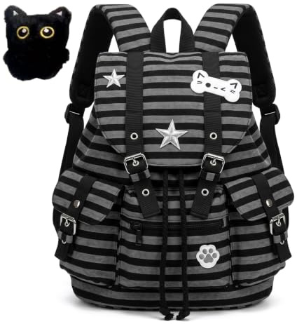 Perodlly Y2k ryggsäck, Kawaii Star Cat ryggsäck stor magnetisk stängning och flera fickor retro randig väska för skolresor dagligen.