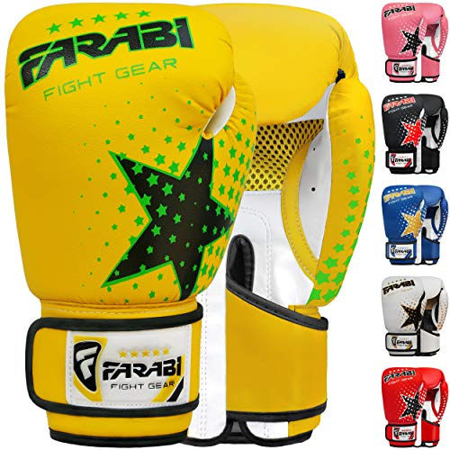 Farabi Sports Guantes de Entrenamiento para niños y niñas 6oz, Ideales para MMA, Muay Thai, Saco y prácticas para Edades de 5 a 10 años (Yellow, 6-oz)