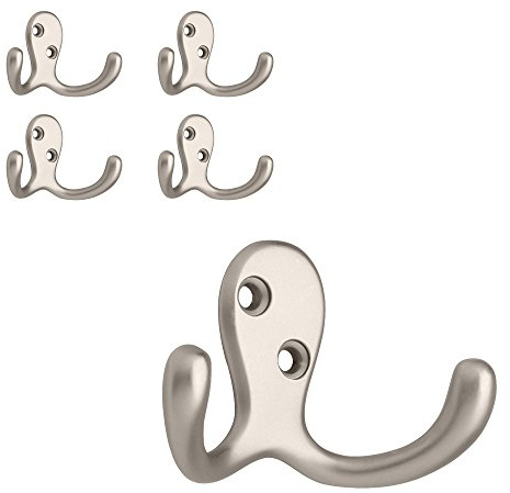 Franklin Brass (5-Pack) Double Wall Hooks 2-Prong Coat/Hat Matte Nickel Hooks for Hanging Wall Mount Hanger Clothes, Purse, Bag, Towel Organization Decorative Wall Hooks FBDPRH5-MN-C