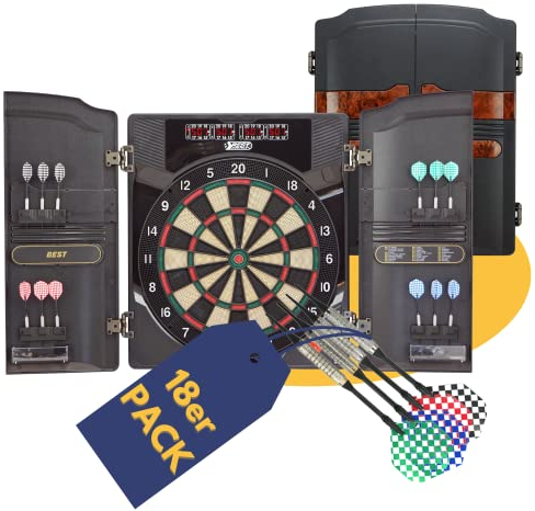 Best Sporting Dart Set Oxford 2.0 mit 18 Dartpfeilen/Ersatzspitzen & Etui I Dartscheibe elektronisch im hochwertigen Set I elektronische Darscheibe mit Zubehör I Dart Kabinett mit Zubehör