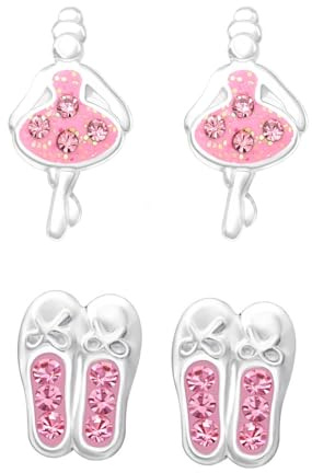 Five-D - Lot de 2 paires de boucles d'oreilles pour enfant - Motif chaussures de ballet et ballerine - En argent 925 - Dans un étui à bijoux, Argent sterling, Cristaux.