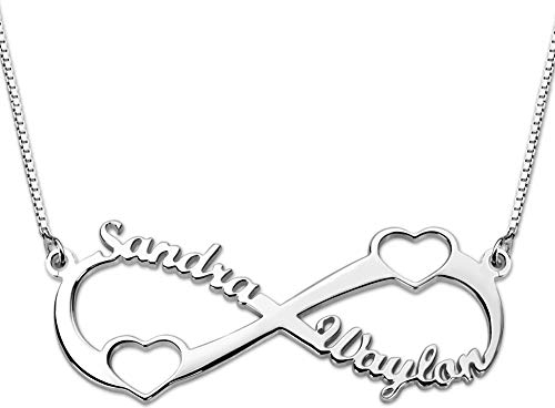 Bo&Pao Infinity Namenskette Herz Silber Sterling 925 mit Zwei Namen und Zwei Herzen