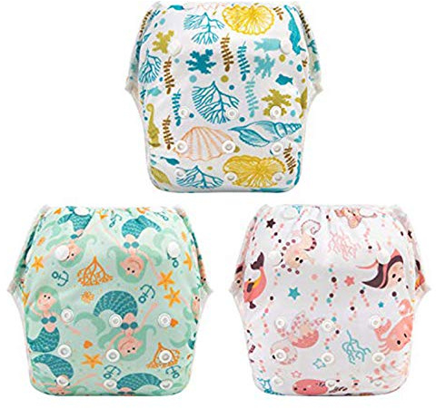 Babygoal Baby Girl Swim Diapers 3 Pack for 0-8 Months Infant, Reusable Adjustable Washable for Swimming Lessons-Seaweed & Sea Crab