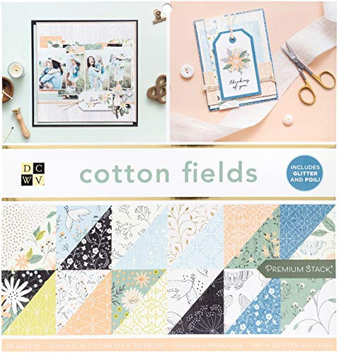 DCWV Printed Cardstock Paper 12x12, 36 Sheets of Scrapbook Paper for Crafts and Card Making, Double Sided Heavy Duty Cardstock with Foil Accents - Cotton Fields