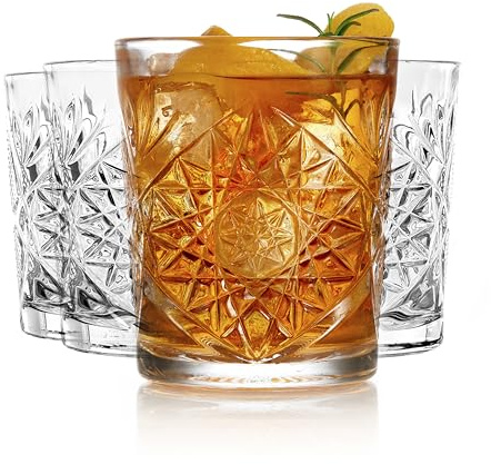 Libbey Hobstar Double Old Fashioned Glasses, Clear Cut Glass Drinking Glasses Set of 4, Durable, Vintage Whiskey Glasses for Cocktail, Drinks and More