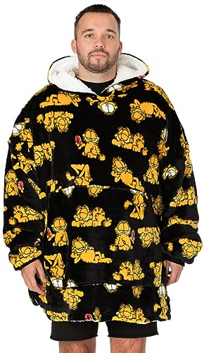 Garfield Übergroßer Decken-Hoodie für Erwachsene | Herren Damen Lazy Tabby Cat Movie Fluffy Sherpa Fleece Pullover VUddie | One-Size-Sweatshirt mit großer Tasche in Schwarz
