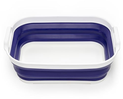 SAMMART 13L zusammenklappbare Wanne mit Griff – tragbarer Outdoor-Picknickkorb/Krater – Faltbare Einkaufstasche – platzsparender Aufbewahrungsbehälter (Weiß/Marineblau)