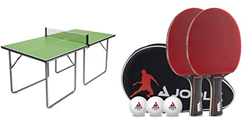 Joola Unisex – Erwachsene Midsize Tischtennisplatte 19115, grün, 168x84x76 & Tischtennis Set Duo PRO 2 Tischtennisschläger + 3 Tischtennisbälle + Tischtennishülle, rot/schwarz, 6-teilig