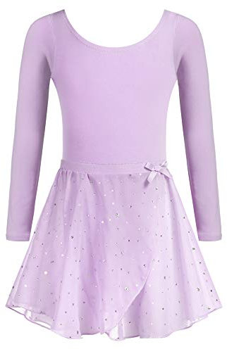 Arshiner Ballettkleidung Mädchen Ballettkleid Baumwolle Ballett-Outfit Balletttrikot Tanztrikot langärmlig Gymnastikkostüm Tanzkleidung mit Chiffon Rock Tütü Lila 130