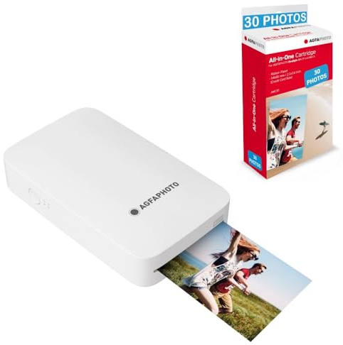 AGFA Photo - Realipix Mini P Drucker + AMC Patronen und Papier für 30 Fotos – Fotodrucker Format 5,3 x 8,6 cm über Bluetooth – Thermosublimation 4Pass – Weiß