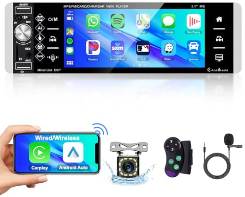 Podofo Trådlös Carplay bilradio 1 din med 5,1 tums skärm, Bluetooth FM/AM/RDS 2, USB trådlös Android Auto AUX/SD/rattkontroll, spegel, vänster med backkamera, DVR
