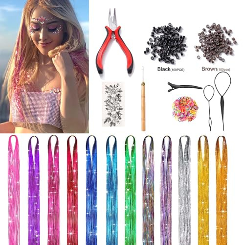 Hair Tinsel Kit (48 Inch,12 Colors, 3000 strands), Fairy Tinsel Hair Extensions with Tools - Glitter Hair Tinsel Kit Heat Resistant Accessories for Girls Women Kids Christmas New Year