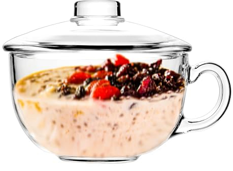 Binsakao Tazón de Vidrio para Cereales y Sopa con Asa - Cuenco Pequeño Transparente para Yogur, Avena, Desayuno con Tapa, Cristalería Apta para Microondas, Postre