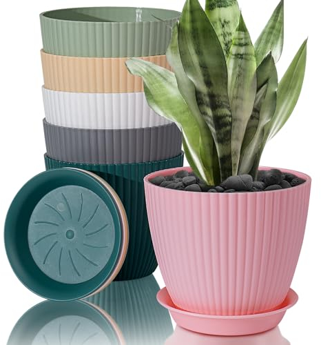 FORAGIFT 19cm Plant Pots Indoor, 6 Pack Stripe Grooves Plastic Flower Pots with Drainage Holes and Tray, Modern Decorative Planter Pot for All House Plants, Colourful