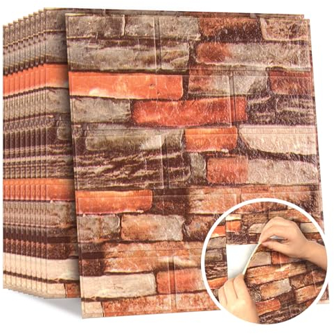 Luriseminger 3D Wandpaneele Selbstklebend, 10 Stück Ziegel Tapeten Steinoptik 38 x 35cm Steintapete Wandaufkleber Wasserdicht Wandtapete Klebetapete für Küche Schlafzimmer Badezimmer Wohnzimmer