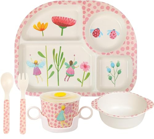 Flower Fairy Cartoon Kids Cartoon Dinnerware Set - Children Dishes Food Plate Bowl Cup Spoon Fork Set, Dishwasher Safe,Childrens Plates and Bowls Sets, Healthy Mealtime, BPA Free,6Pcs/Set