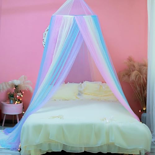 Wnqou Rainbow Bed Canopy,X-Large Princess Rainbow Canopy Hanging Netting for Girls Bedroom Decor,Kids Fairy Dream Play Tent for Room,Reading Corner