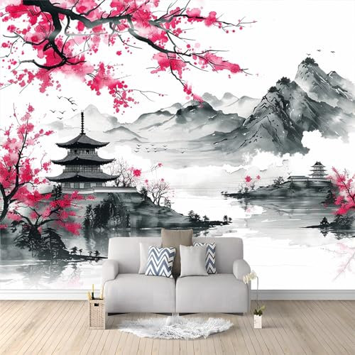 Style de Peinture à L'encre Orientale Photo Murale - Fleurs De Cerisier Japonais Sur Fond Blanc Thème Papier Peint 250 x 175 cm for Boys' and Girls' Nursery, Baby Bedroom Decor Papier Peint