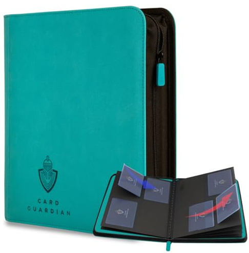 Card Guardian Toploader 4 Pocket Premium samlarmapp med blixtlås för 160 kort, fack med öppning på sidan, lämplig för sport- och utbyteskort TCG (grönblå)