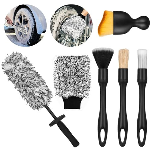 SAMSYOKI Spazzola per Cerchioni Auto e Guanti da Lavaggio in Microfibra con 4 Pennelli Detailing, Spazzola Cerchi Auto Spazzola Pulisci Cerchioni Auto per Tutti i Tipi di Cerchioni (Nero)