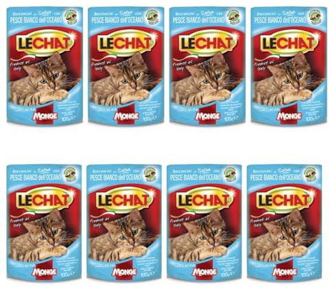 Cibo Umido Gatti | Bocconcini in Salsa Pesce Bianco | 8 Buste da 100g | Alimento Umido Per Gatti Adulti | Cotto a Vapore | Alimento Completo| Con omaggio