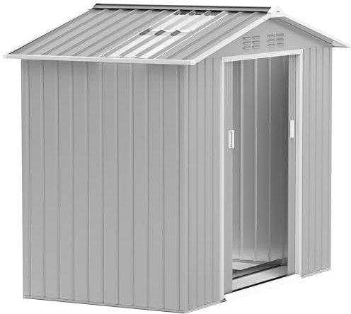 Outsunny Cobertizo de Jardín 2,42m² con Base de Refuerzo Sin Suelo 213x130x185 cm Caseta de Jardín Exterior con Puertas Correderas Claraboya 4 Ventanas para Almacenamiento de Herramientas Gris Plata