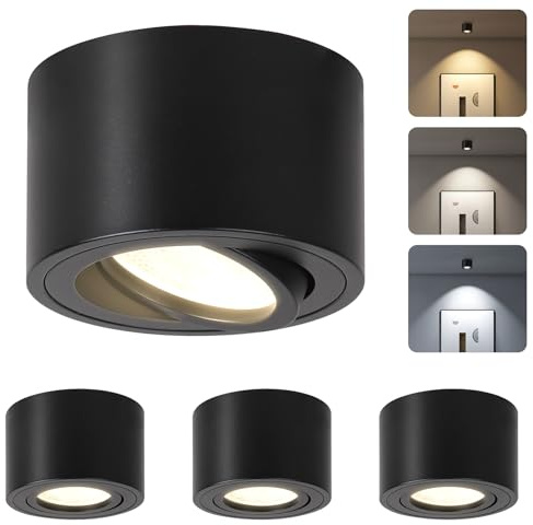 CANMEIJIA LED Spots de plafondà montage apparent Dimmable 7W Ø80x50mm Extra plat 30° Orientable Spots de plafond en saillie 3000K/4000K/6500K Aluminium Downlight Rond Noir 4 pièces