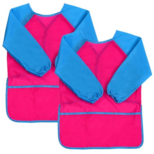 XIEJINJIA 2 Pack Kids Art Smock with Long Sleeve 3 Roomy Pockets Artist Children Play Aprons for Age 3-8 Painting Craft(Rose Red0