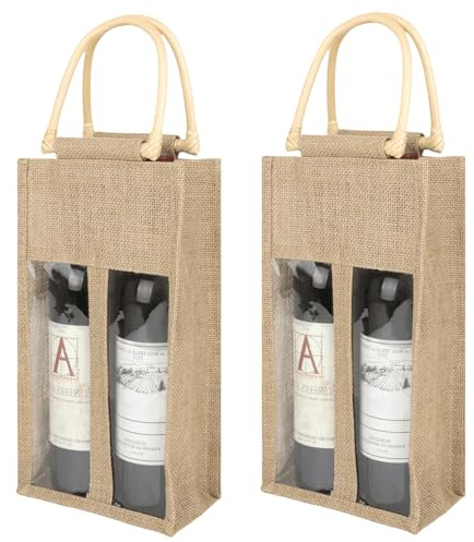 2 sacchetti per bottiglie di vino in iuta: 17 x 10 x 33 cm, 4 bottiglie con finestra di visualizzazione, borsa per bottiglie riutilizzabili, colore naturale, con manici per matrimoni, compleanni