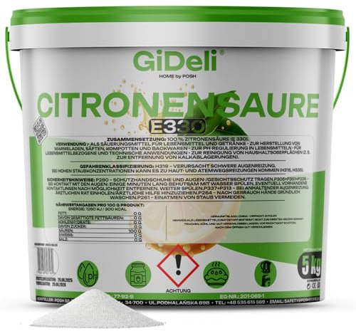 GiDeli - Acido citrico in polvere monoidrato di qualità alimentare E330, 5000 g puro, cristalli di alta qualità per pulizia e decalcificazione, acidificante senza zucchero, confezione da 5 kg