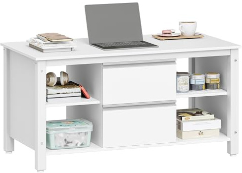 Hzuaneri Couchtisch, Wohnzimmertisch mit 2 Schubladen und 4 offenen Fächern, Sofatisch, Stahlbeine, für das Wohnzimmer, 50 x 100 x 50 cm, Weiß-Silber CT22003W