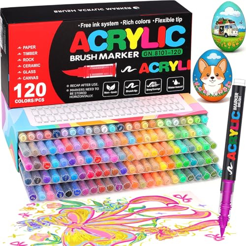 Bonala 120 Colores Rotuladores Acrílicos, Marcadores Rotuladores de Colores para Pintar en Piedra, Cerámica, Madera, Tela, Lienzo, Vidrio y Metal - Permanentes, Base Agua, Secado Rápido (120 colors)