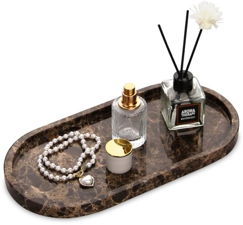 Natural Marble Tray, Oval Luxury Bathroom Vanity Home Kitchen Bathroom Table Tray, Stone Decorative Countertop Serving Trays for Coffee Perfume Jewelry Makeup Key Dark Brown 30 x 15 cm