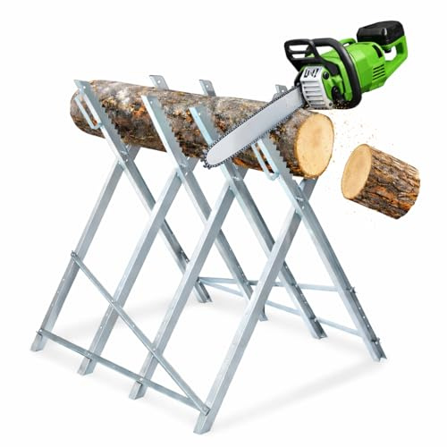 Peviasot Chevalet de sciage galvanisé pliable, stable en acier avec 4 supports de dents, charge jusqu'à 150 kg, aide pour tronçonneuse, pour troncs d'arbres jusqu'à Ø 23 cm, pliable pour économiser de