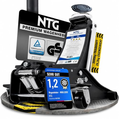 NTG hydraulisk domkraft PRO 3T – 75–505 mm – extra platt | Dubbel kolv snabbslag med tvådelad pumpstång, halkfritt handtag och vadderad gummidyna