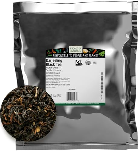 Frontier Co-op Organic Darjeeling Black Tea, 1-pound Bulk Bag, Highest Grade Orange Pekoe Leaves, Kosher, Fair Trade