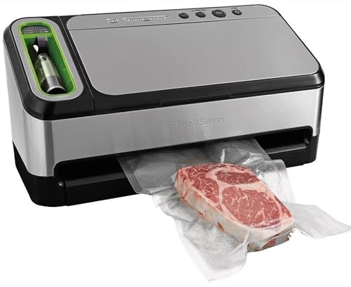 FoodSaver 4840 Sistema de sellado al vacío automático 2 en 1 con sellador de mano retráctil incorporado, kit de iniciación, sellado térmico y bolsas con cremallera FoodSaver
