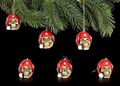 Figuren Shop GmbH Christbaum-Schmuck - Totenköpfe mit Weihnachtsmütze - 6er Set