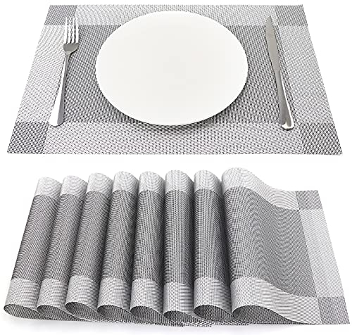 SueH Design Gewebte Platzsets Tischsets 8er Set Vinyl Hitzebeständig Platzdeckchen Antifouling und Waschbar 45 cm * 30 cm, Hellgrau