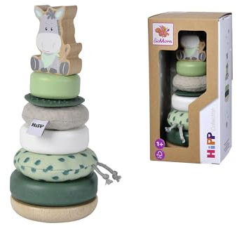 Eichhorn - Baby Hipp Stapelturm mit Ringen aus Stoff, Holz und Silikon, 8-TLG. 19cm lang, 100% FSC zertifiziertes Buchenholz, ab 1 Jahr