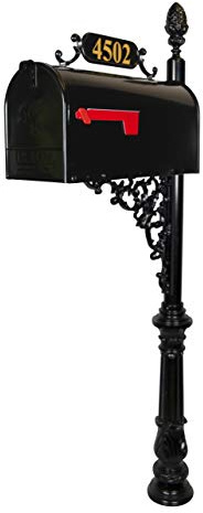 ADDRESSES OF DISTINCTION Magnolia Standard Mailbox & Post System – Black Rust Resistant Mailbox – Includes Plaque, Decorative Bracket, Decorative Finial & Hardware - Customized Address Numbers