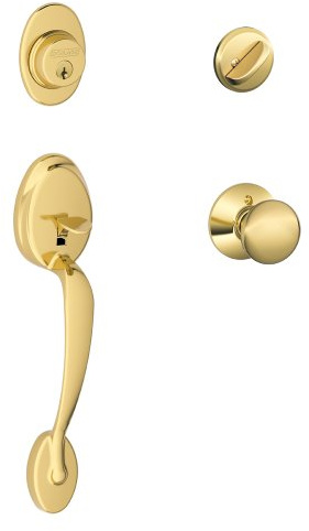 SCHLAGE Plymouth Single Cylinder Handleset and Plymouth Knob, Bright Brass (F60 PLY 605)