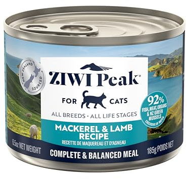 ZIWI Peak Grain Free Cat Food Tins - All Natural High Protein Pate - New Zealand Mackerel & Lamb Recipe - 12 x 185g Multipack