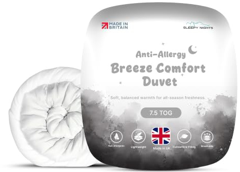 SleepyNights 7.5 Tog Super King Duvet Quilt Comforter – All Season Mid-Weight Bedding – Anti Allergy Hollowfibre Duvet, Soft & Breathable – Made in UK & Non-Allergenic (260x 220cm)